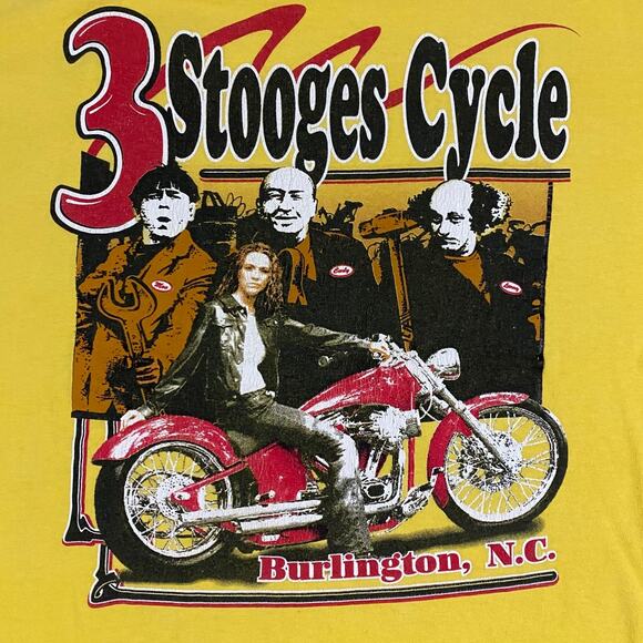 Y2K Biker Chick Mens T Shirt Sz XXL 3 Stooges Cycle NC Motorcycle Yellow - Picture 2 of 6